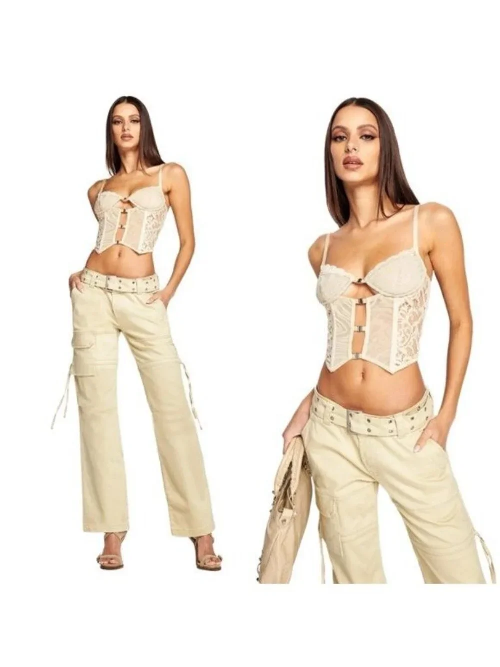 NWT I.AM.GIA Elena Top S Tan Ivory Lace Corset Sheer Crop Burnout Cut Out Velvet
